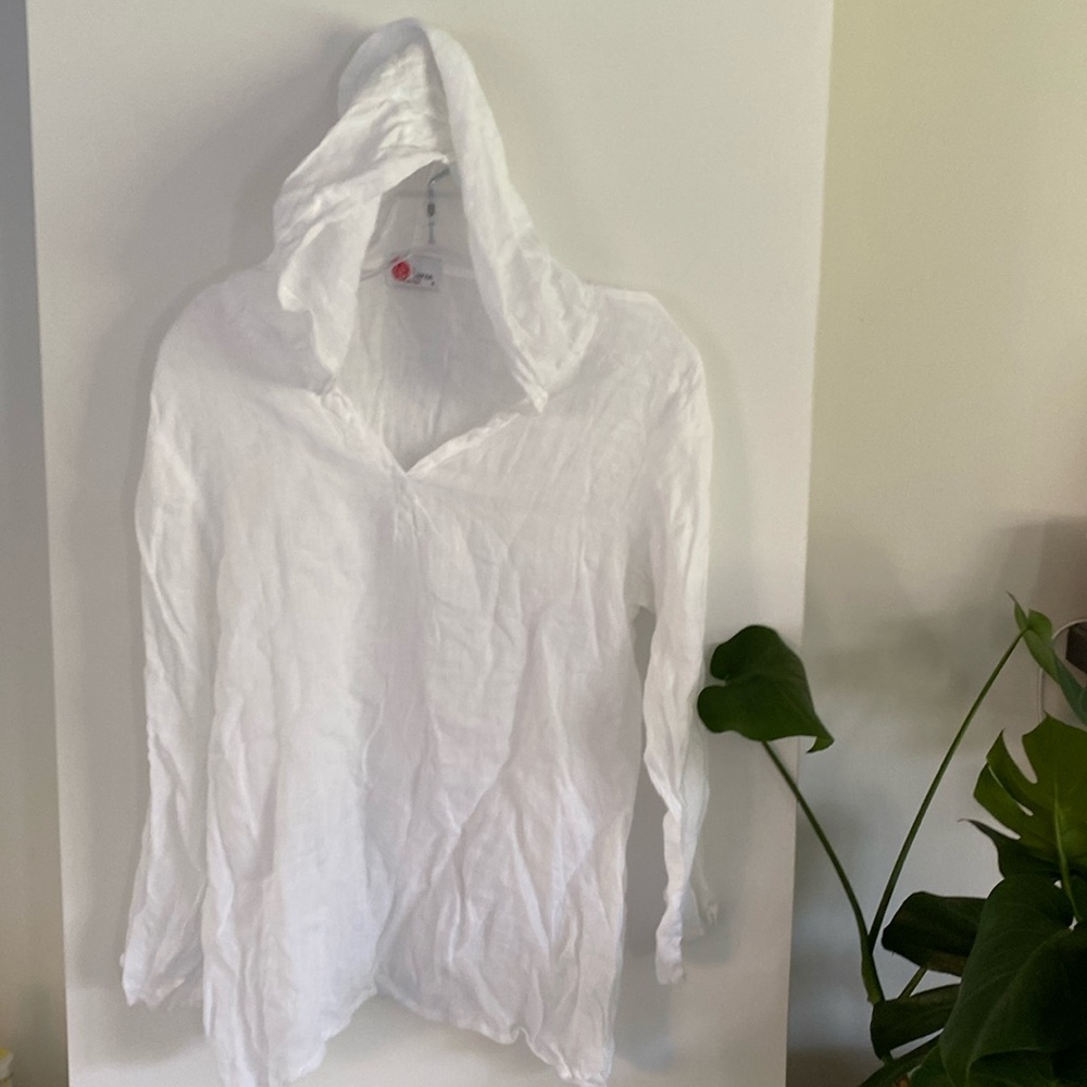LINNEA white linen hooded tunic top blouse S Made in USA